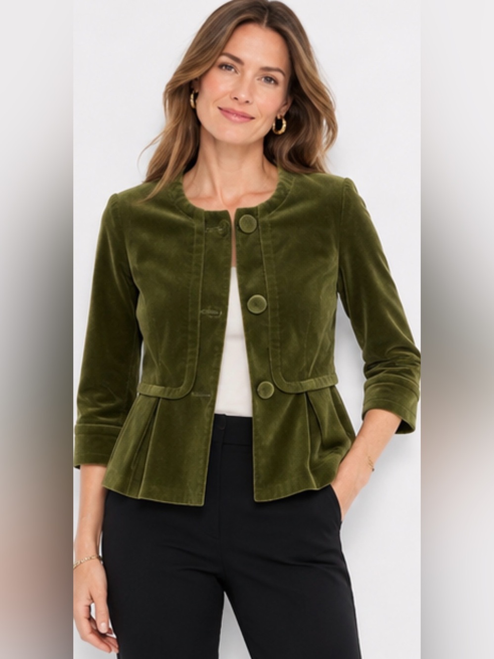 Talbots Collection Petites 6P Olive Green Velvet Peplum Jacket Blazer